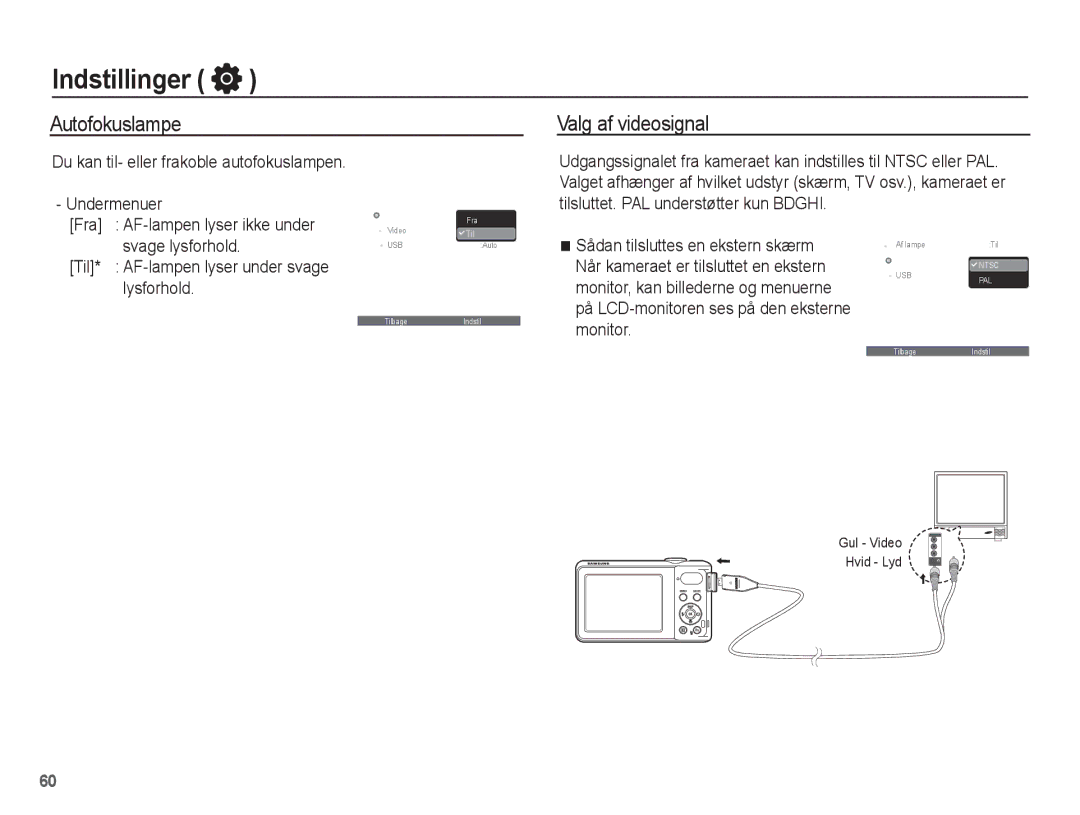 Samsung EC-PL80ZZBPLE2 manual Autofokuslampe Valg af videosignal, Monitor, Du kan til- eller frakoble autofokuslampen 