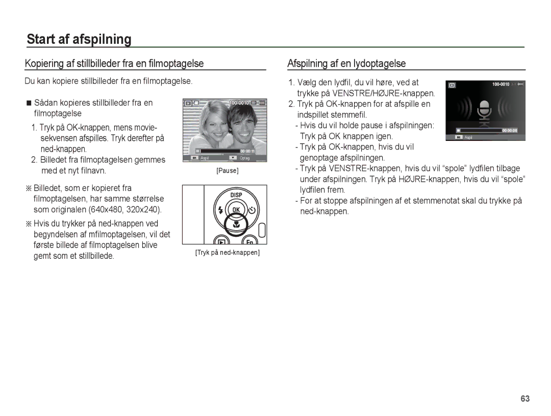 Samsung EC-PL80ZZBPBE2, EC-PL80ZZBPLE2 manual Kopiering af stillbilleder fra en filmoptagelse, Afspilning af en lydoptagelse 