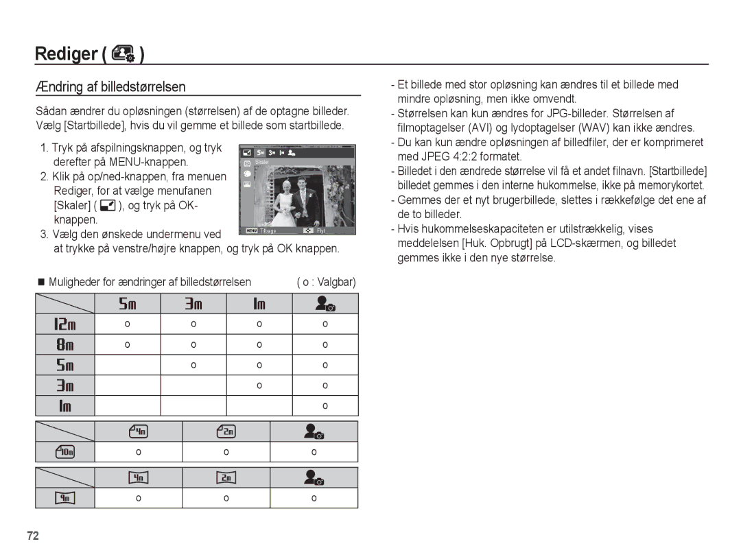 Samsung EC-PL80ZZBPLE2, EC-PL80ZZBPBE2 manual Rediger, Ændring af billedstørrelsen, Skaler Og tryk på OK Knappen 