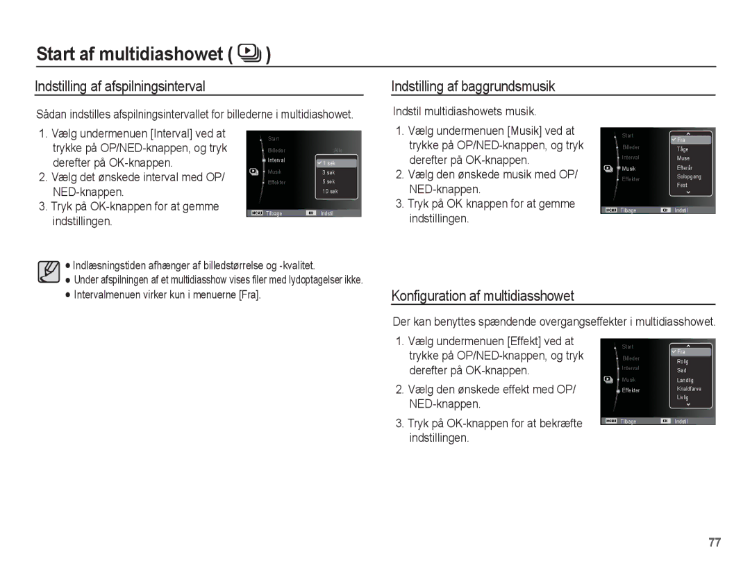 Samsung EC-PL80ZZBPBE2 Indstilling af afspilningsinterval, Indstilling af baggrundsmusik, Konfiguration af multidiasshowet 