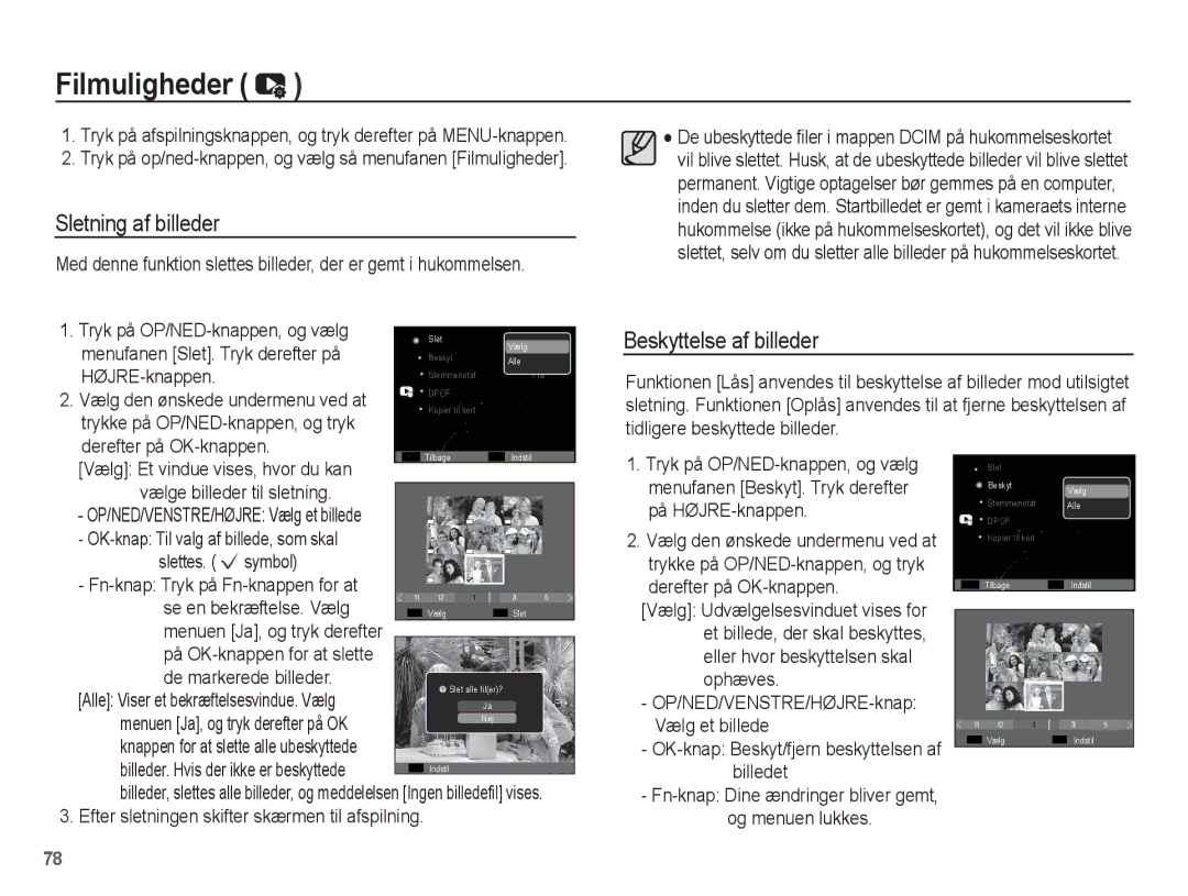 Samsung EC-PL80ZZBPLE2, EC-PL80ZZBPBE2 manual Filmuligheder, Sletning af billeder, Beskyttelse af billeder 