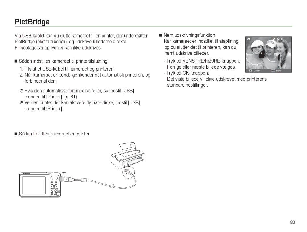 Samsung EC-PL80ZZBPBE2, EC-PL80ZZBPLE2 manual PictBridge, Tryk på OK-knappen, Standardindstillinger 