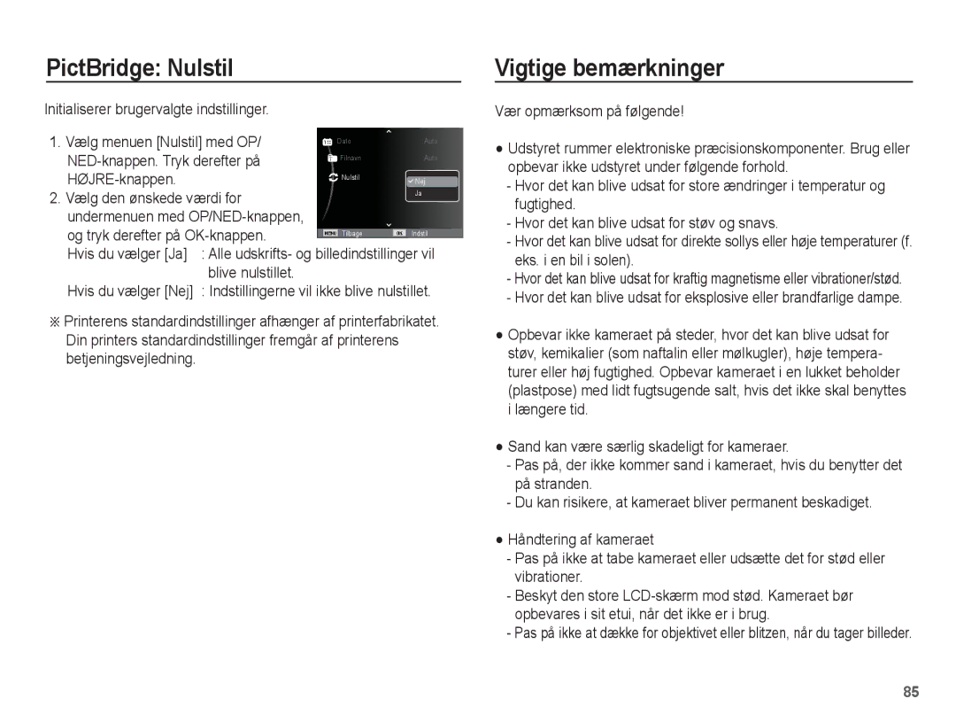 Samsung EC-PL80ZZBPBE2 manual PictBridge Nulstil, Vigtige bemærkninger, NED-knappen. Tryk derefter på, Blive nulstillet 