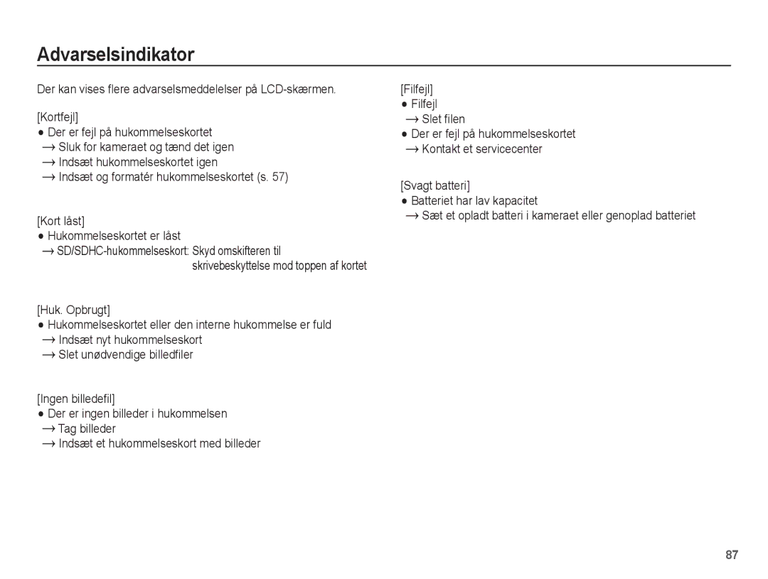 Samsung EC-PL80ZZBPBE2, EC-PL80ZZBPLE2 manual Indsæt og formatér hukommelseskortet s, Kort låst Hukommelseskortet er låst 