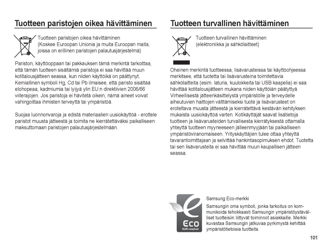 Samsung EC-PL80ZZBPBE2, EC-PL80ZZBPLE2 manual Tuotteen turvallinen hävittäminen, Tuotteen paristojen oikea hävittäminen 