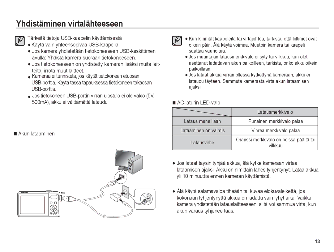 Samsung EC-PL80ZZBPBE2, EC-PL80ZZBPLE2 manual AC-laturin LED-valo, Latausmerkkivalo 