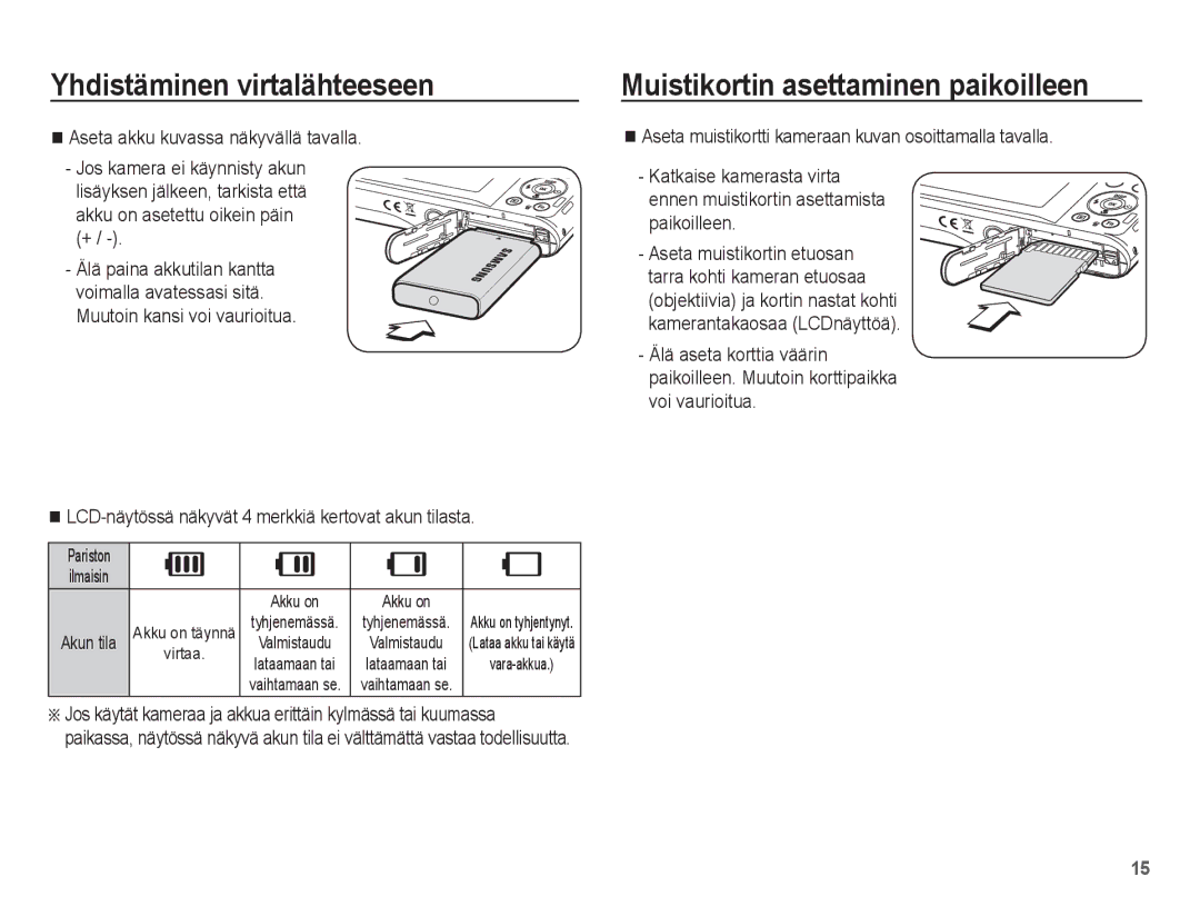 Samsung EC-PL80ZZBPBE2, EC-PL80ZZBPLE2 manual Muistikortin asettaminen paikoilleen, Akun tila 