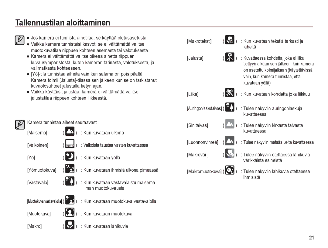 Samsung EC-PL80ZZBPBE2 manual Kun kuvataan yöllä, Vastavalo, Ilman muotokuvausta, Läheltä, Jalusta, Kuvataan yöllä, Liike 