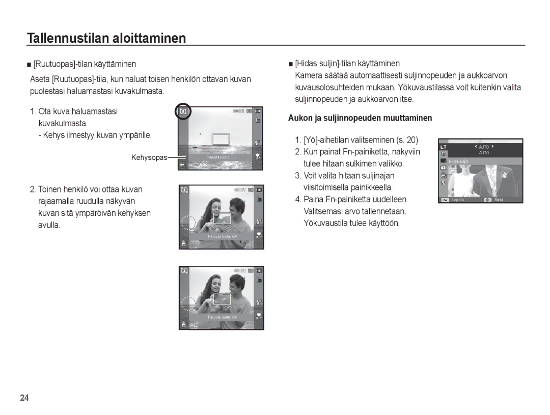 Samsung EC-PL80ZZBPLE2 manual Kehys ilmestyy kuvan ympärille, Voit valita hitaan suljinajan, Viisitoimisella painikkeella 