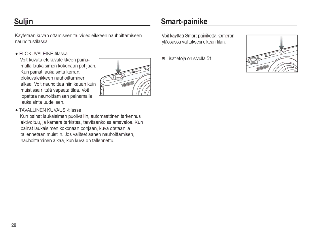 Samsung EC-PL80ZZBPLE2, EC-PL80ZZBPBE2 manual Suljin, Smart-painike, Tavallinen Kuvaus -tilassa 