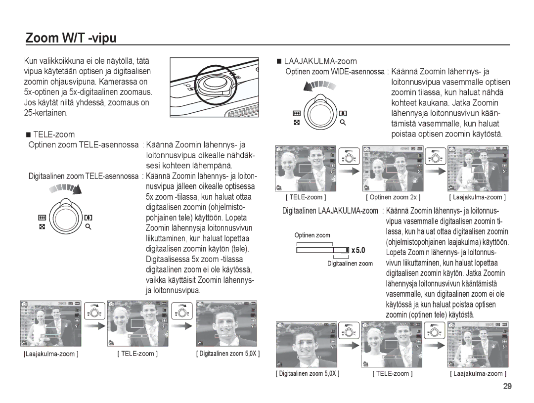 Samsung EC-PL80ZZBPBE2, EC-PL80ZZBPLE2 manual Zoom W/T -vipu, TELE-zoom, LAAJAKULMA-zoom, Kohteet kaukana. Jatka Zoomin 