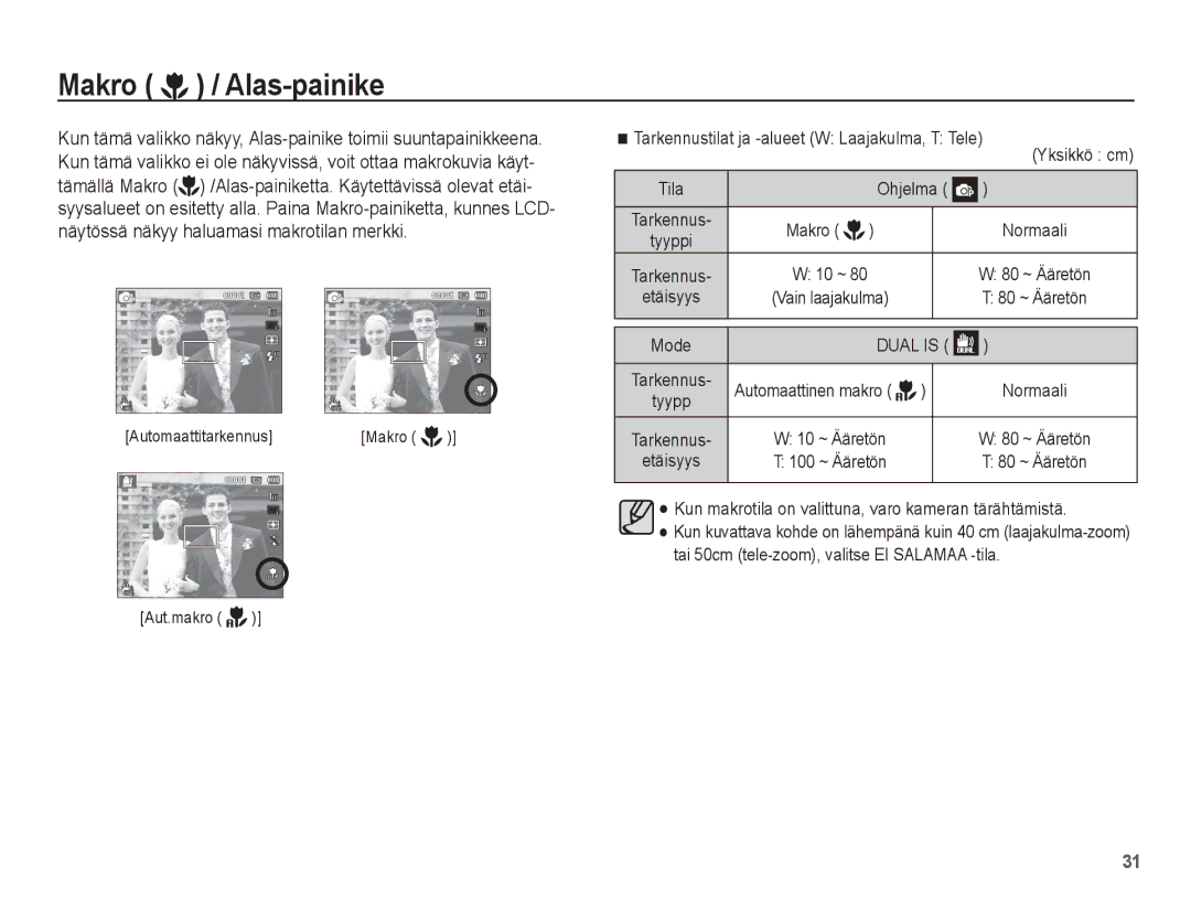 Samsung EC-PL80ZZBPBE2 Makro / Alas-painike, 80 ~ Ääretön, Mode, Kun makrotila on valittuna, varo kameran tärähtämistä 