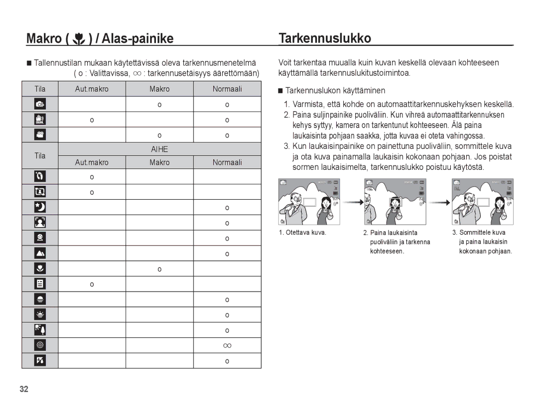 Samsung EC-PL80ZZBPLE2, EC-PL80ZZBPBE2 manual Alas-painike Tarkennuslukko, Tarkennuslukon käyttäminen 