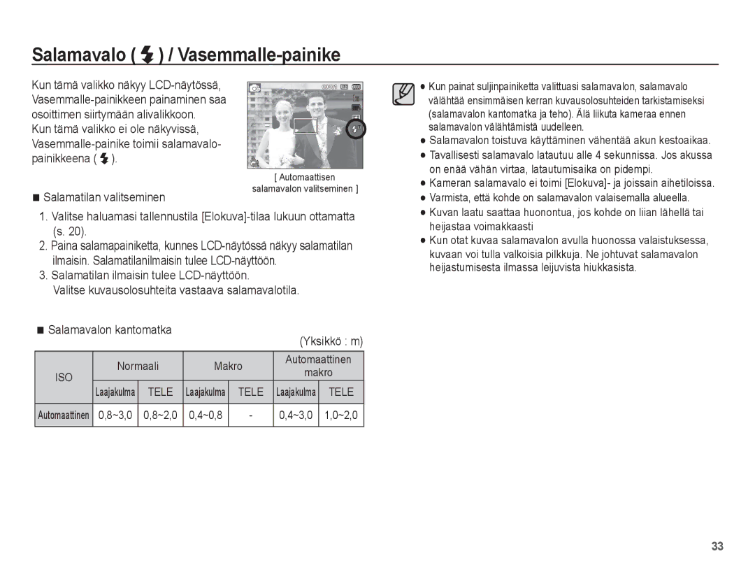 Samsung EC-PL80ZZBPBE2, EC-PL80ZZBPLE2 Salamavalo / Vasemmalle-painike, Salamatilan valitseminen, Normaali Makro, ~0,8 