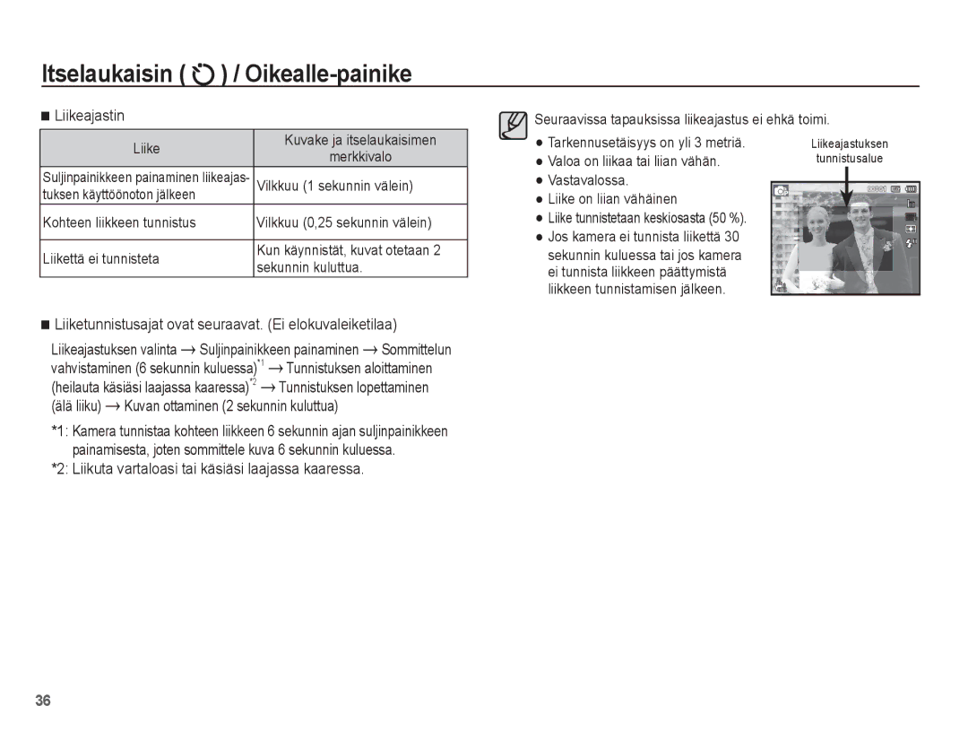 Samsung EC-PL80ZZBPLE2, EC-PL80ZZBPBE2 Liikeajastin, Liiketunnistusajat ovat seuraavat. Ei elokuvaleiketilaa, Älä liiku 