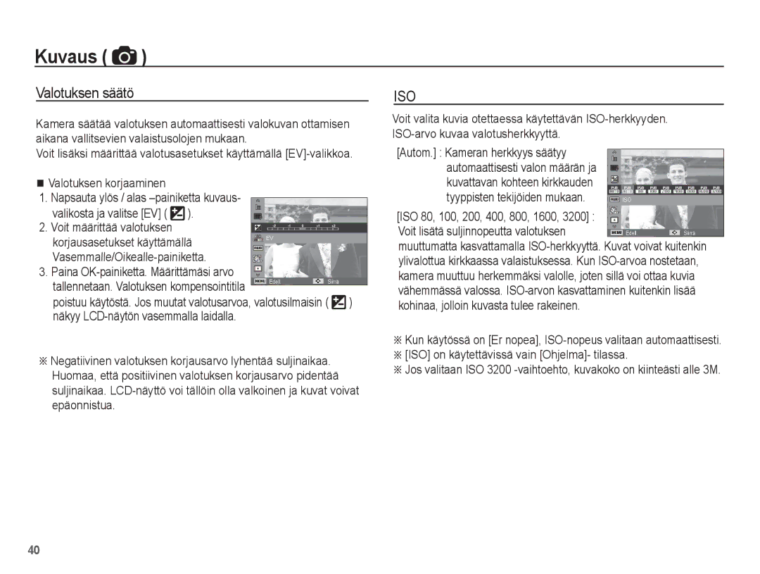 Samsung EC-PL80ZZBPLE2, EC-PL80ZZBPBE2 manual Valotuksen säätö, Autom. Kameran herkkyys säätyy, Tyyppisten tekijöiden mukaan 