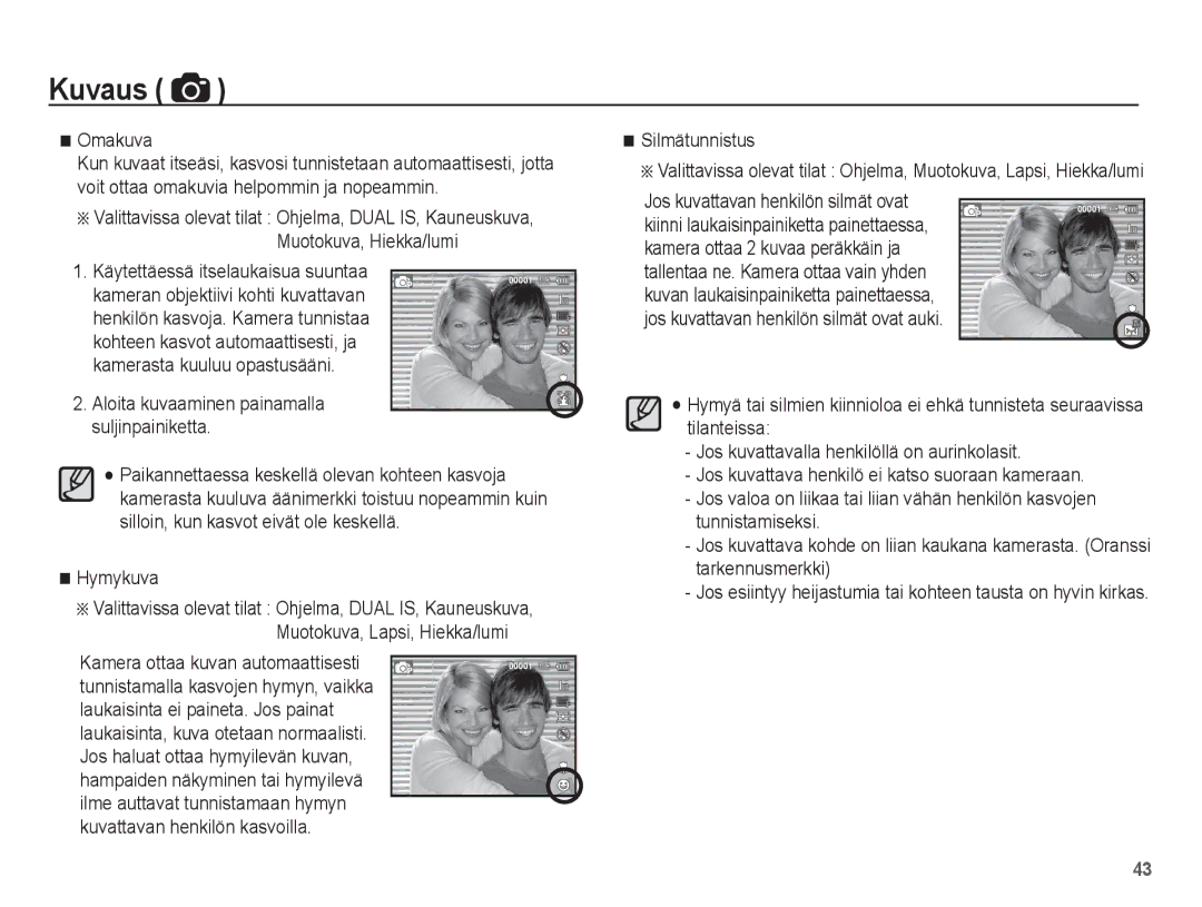 Samsung EC-PL80ZZBPBE2 manual Omakuva, Käytettäessä itselaukaisua suuntaa, Aloita kuvaaminen painamalla suljinpainiketta 