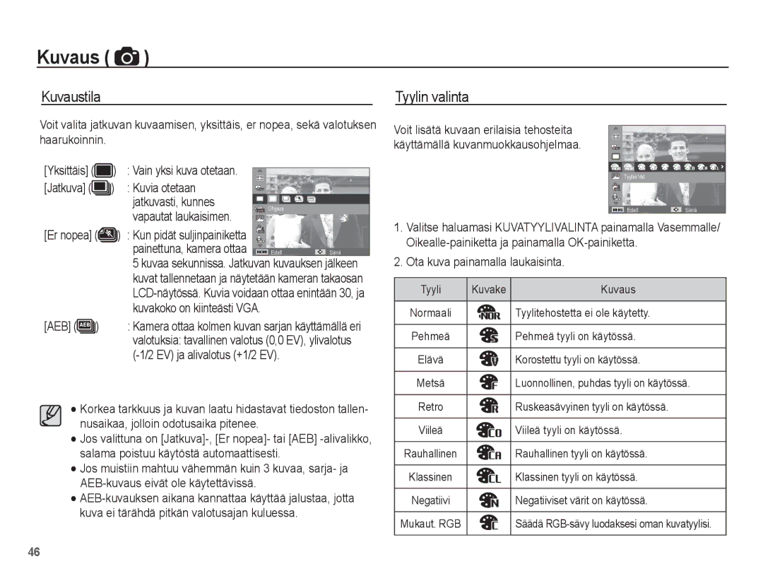 Samsung EC-PL80ZZBPLE2, EC-PL80ZZBPBE2 manual Kuvaustila, Tyylin valinta 