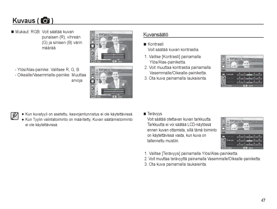 Samsung EC-PL80ZZBPBE2, EC-PL80ZZBPLE2 manual Kuvansäätö, Kontrasti Voit säätää kuvan kontrastia, Terävyys 