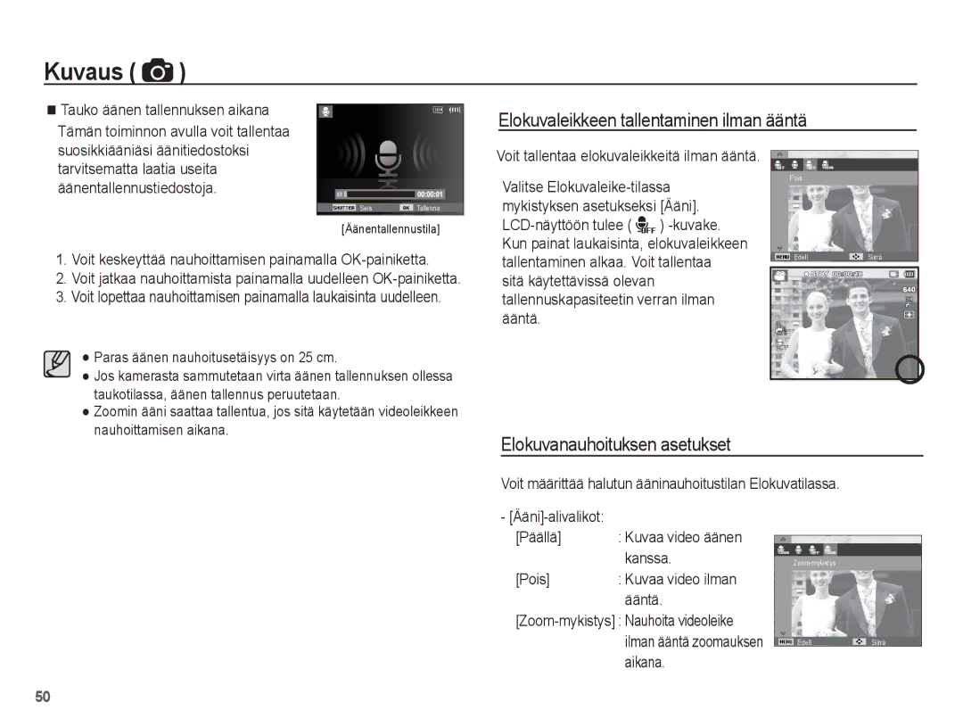 Samsung EC-PL80ZZBPLE2, EC-PL80ZZBPBE2 manual Elokuvanauhoituksen asetukset, Nauhoittamisen aikana 