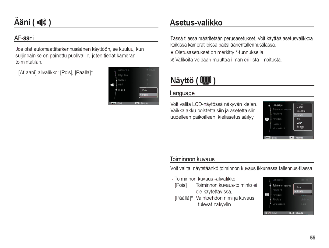 Samsung EC-PL80ZZBPBE2, EC-PL80ZZBPLE2 manual Asetus-valikko, Näyttö, AF-ääni, Language, Toiminnon kuvaus 