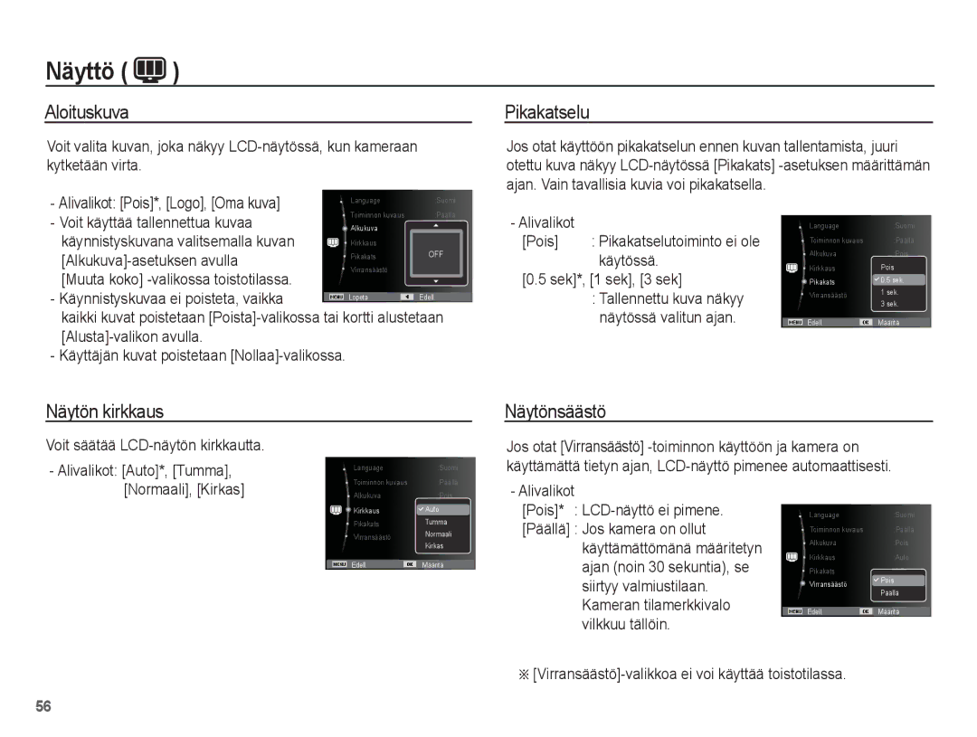 Samsung EC-PL80ZZBPLE2, EC-PL80ZZBPBE2 manual Aloituskuva, Pikakatselu, Näytön kirkkaus, Näytönsäästö 