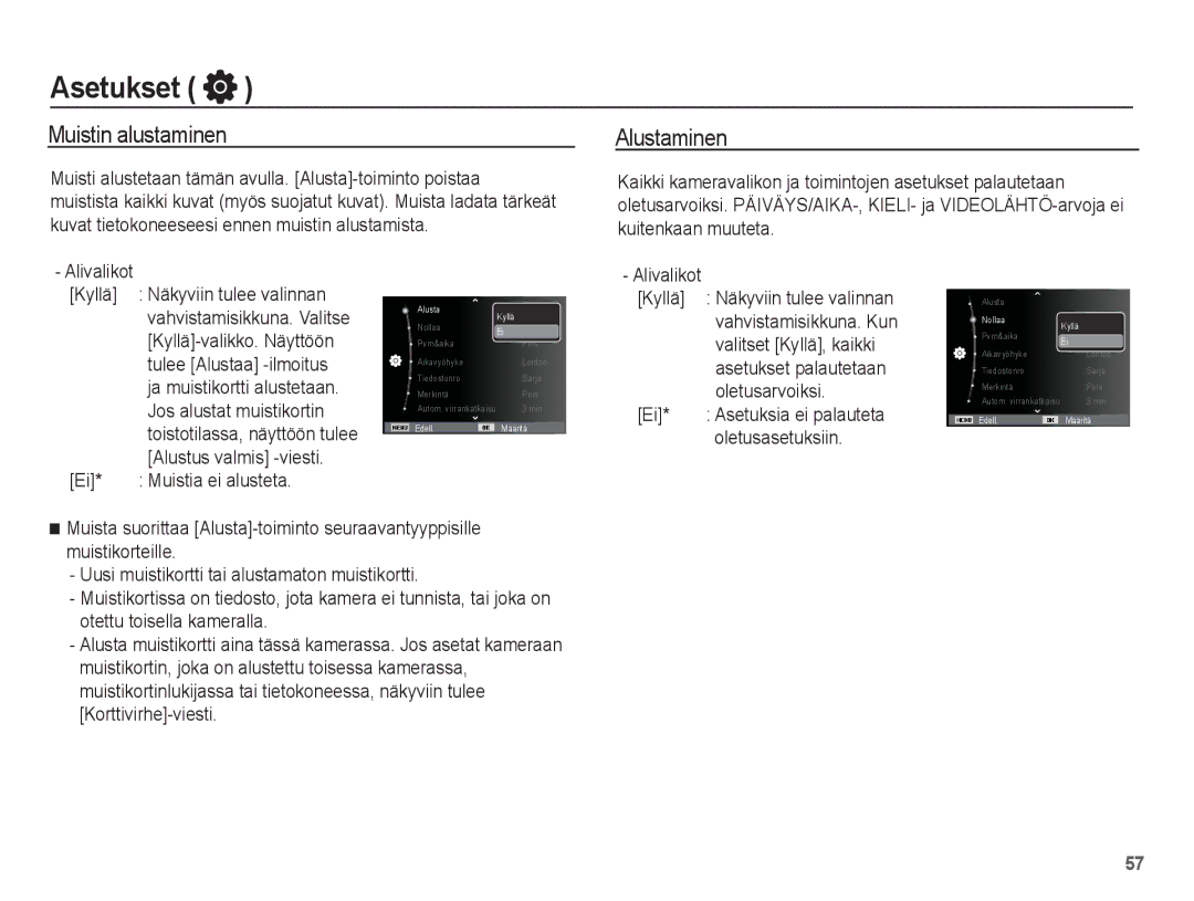 Samsung EC-PL80ZZBPBE2, EC-PL80ZZBPLE2 manual Asetukset, Muistin alustaminen, Alustaminen 