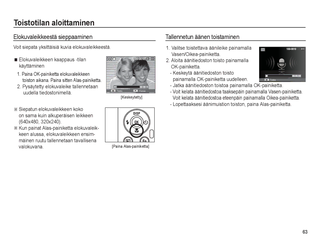 Samsung EC-PL80ZZBPBE2, EC-PL80ZZBPLE2 manual Elokuvaleikkeestä sieppaaminen, Tallennetun äänen toistaminen 