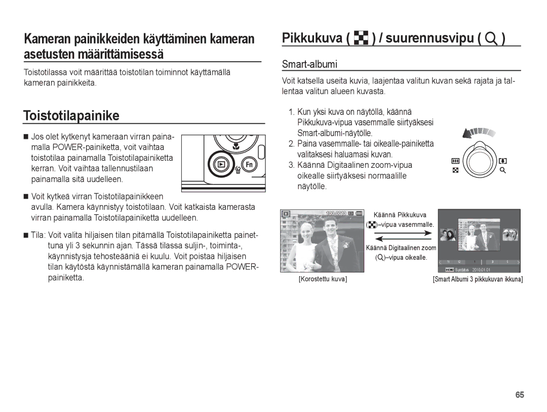 Samsung EC-PL80ZZBPBE2, EC-PL80ZZBPLE2 manual Toistotilapainike, Pikkukuva º / suurennusvipu í, Smart-albumi-näytölle 