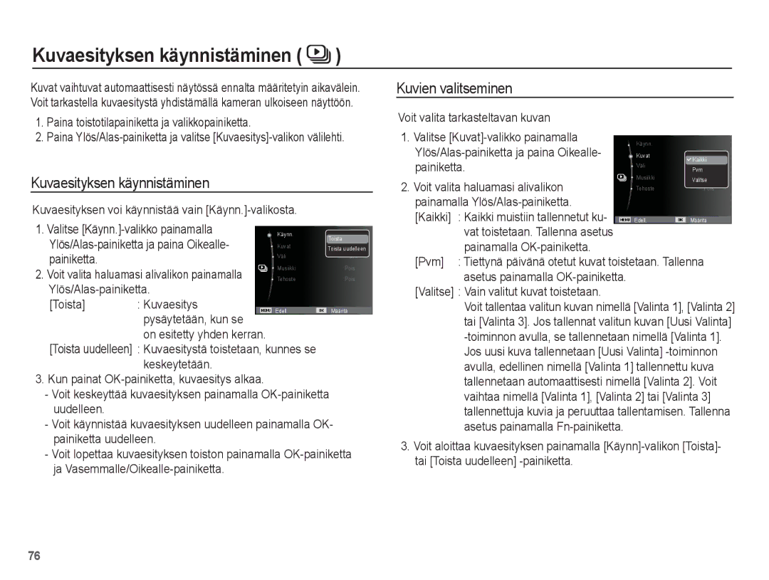 Samsung EC-PL80ZZBPLE2, EC-PL80ZZBPBE2 manual Kuvaesityksen käynnistäminen, Kuvien valitseminen 