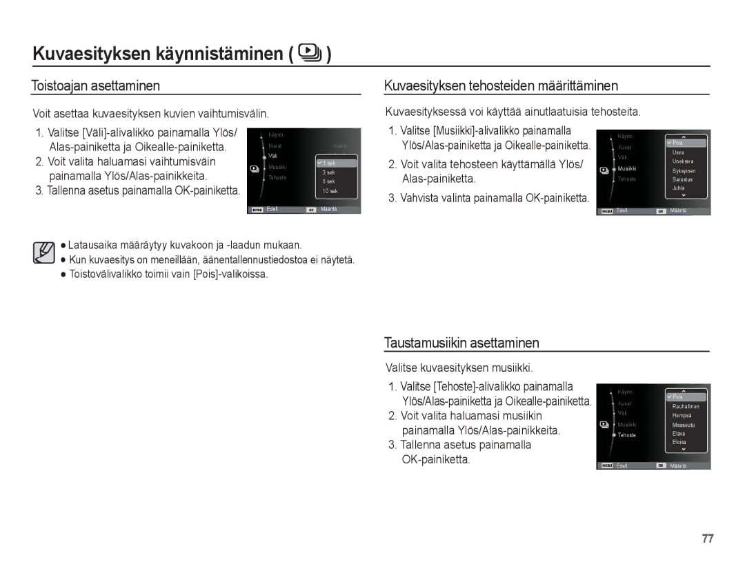 Samsung EC-PL80ZZBPBE2 manual Toistoajan asettaminen, Kuvaesityksen tehosteiden määrittäminen, Taustamusiikin asettaminen 