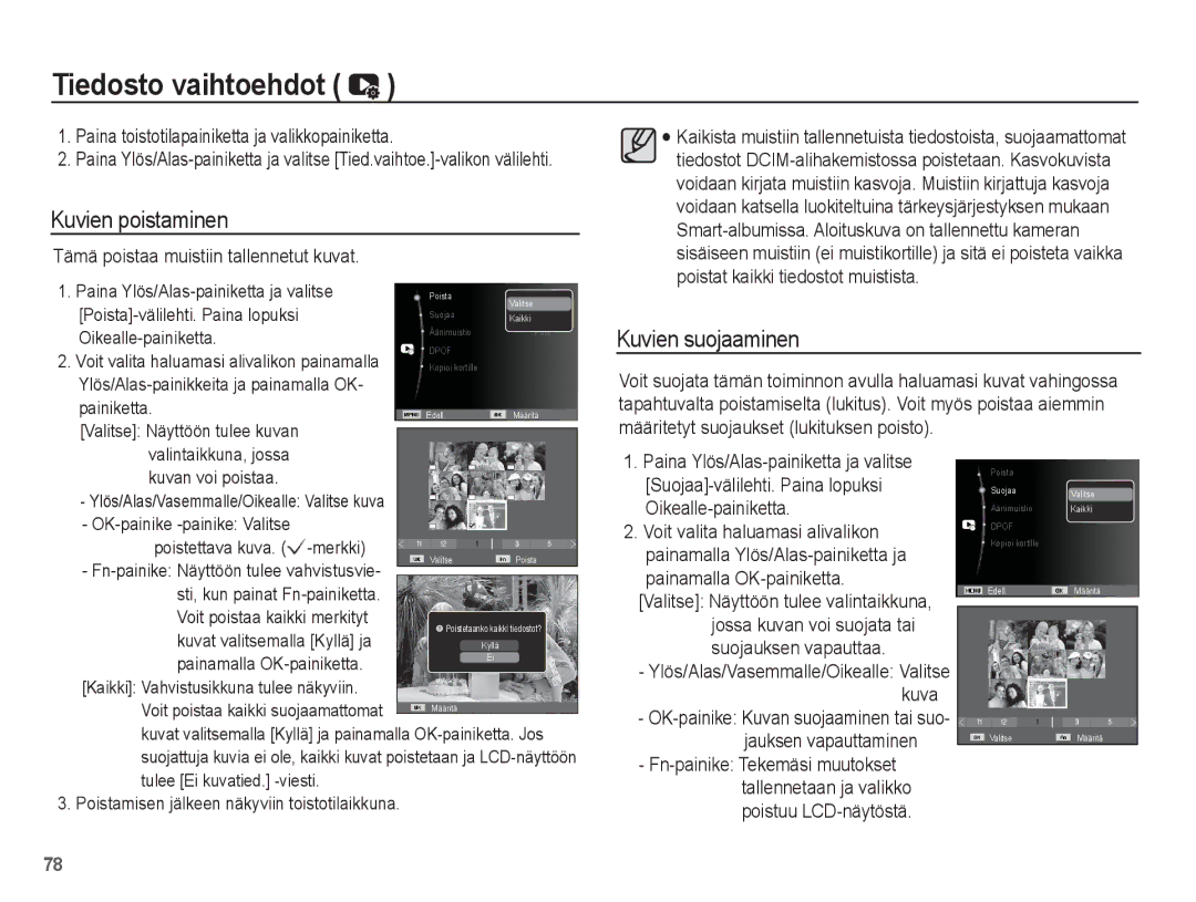 Samsung EC-PL80ZZBPLE2, EC-PL80ZZBPBE2 manual Tiedosto vaihtoehdot, Kuvien poistaminen, Kuvien suojaaminen 