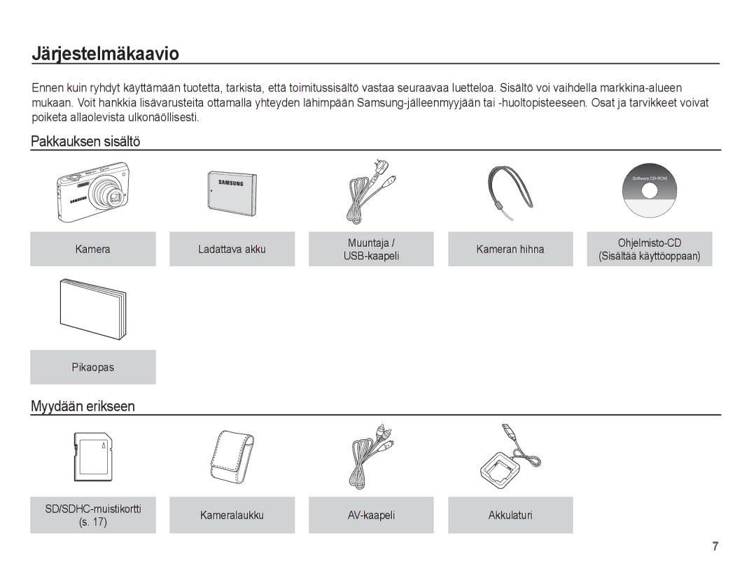 Samsung EC-PL80ZZBPBE2, EC-PL80ZZBPLE2 manual Järjestelmäkaavio, Pakkauksen sisältö, Myydään erikseen 