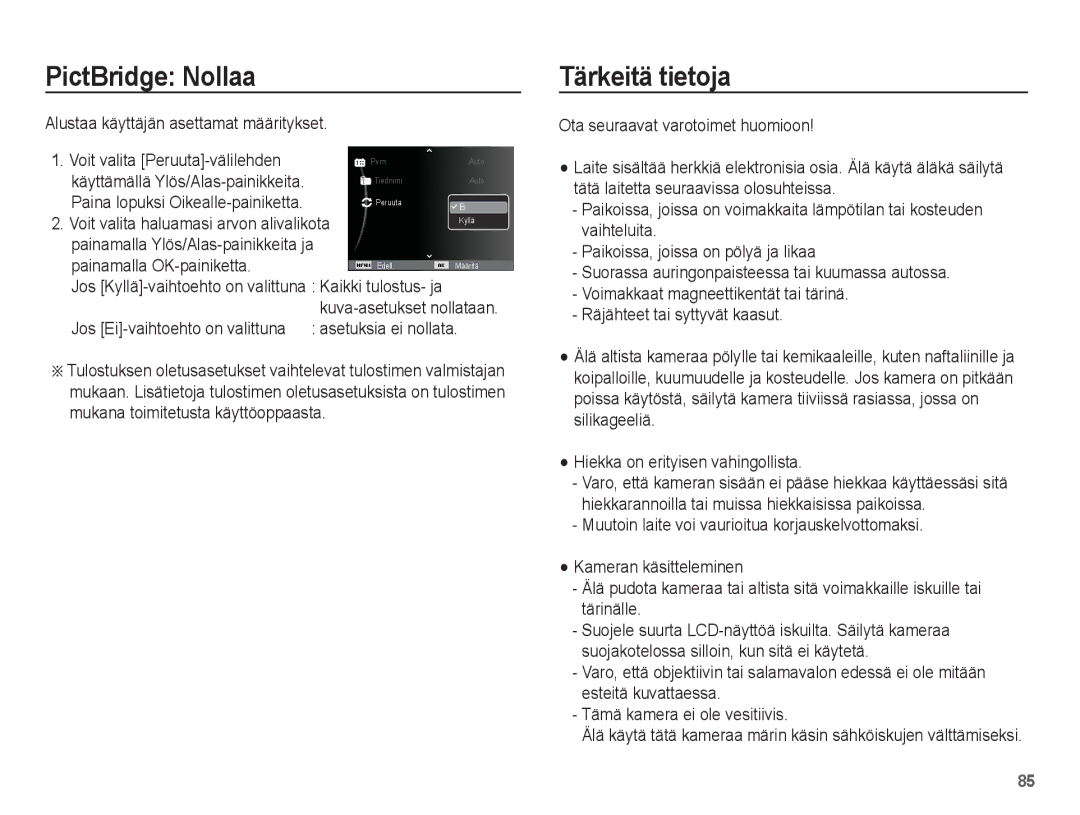 Samsung EC-PL80ZZBPBE2 PictBridge Nollaa, Tärkeitä tietoja, Alustaa käyttäjän asettamat määritykset, Asetuksia ei nollata 