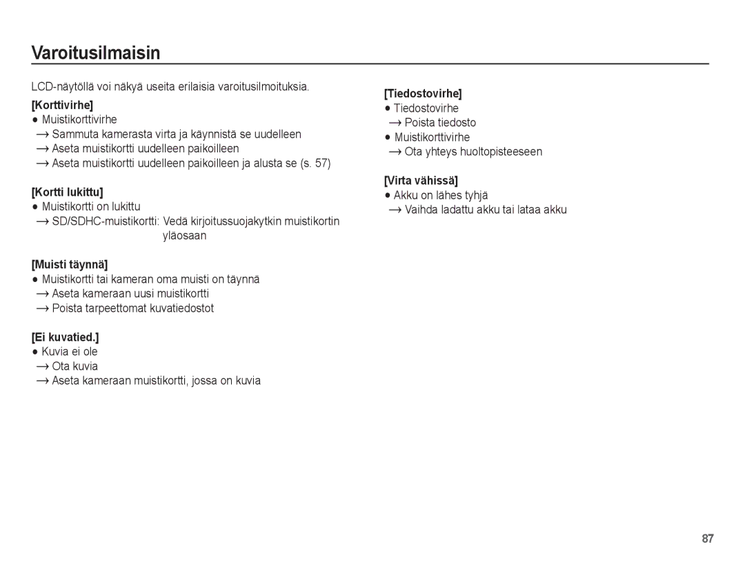 Samsung EC-PL80ZZBPBE2, EC-PL80ZZBPLE2 manual Varoitusilmaisin, LCD-näytöllä voi näkyä useita erilaisia varoitusilmoituksia 