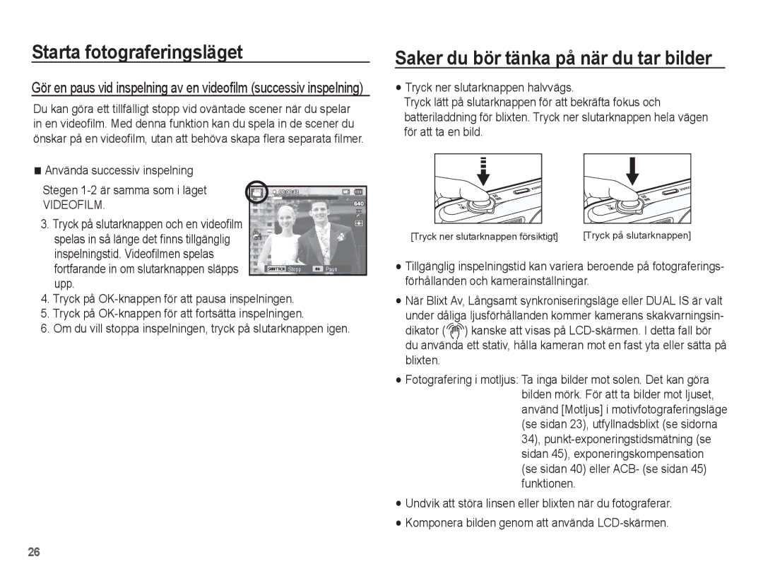 Samsung EC-PL80ZZBPLE2, EC-PL80ZZBPBE2 manual Saker du bör tänka på när du tar bilder 