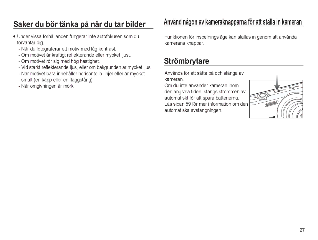 Samsung EC-PL80ZZBPBE2, EC-PL80ZZBPLE2 manual Strömbrytare, Används för att sätta på och stänga av kameran 