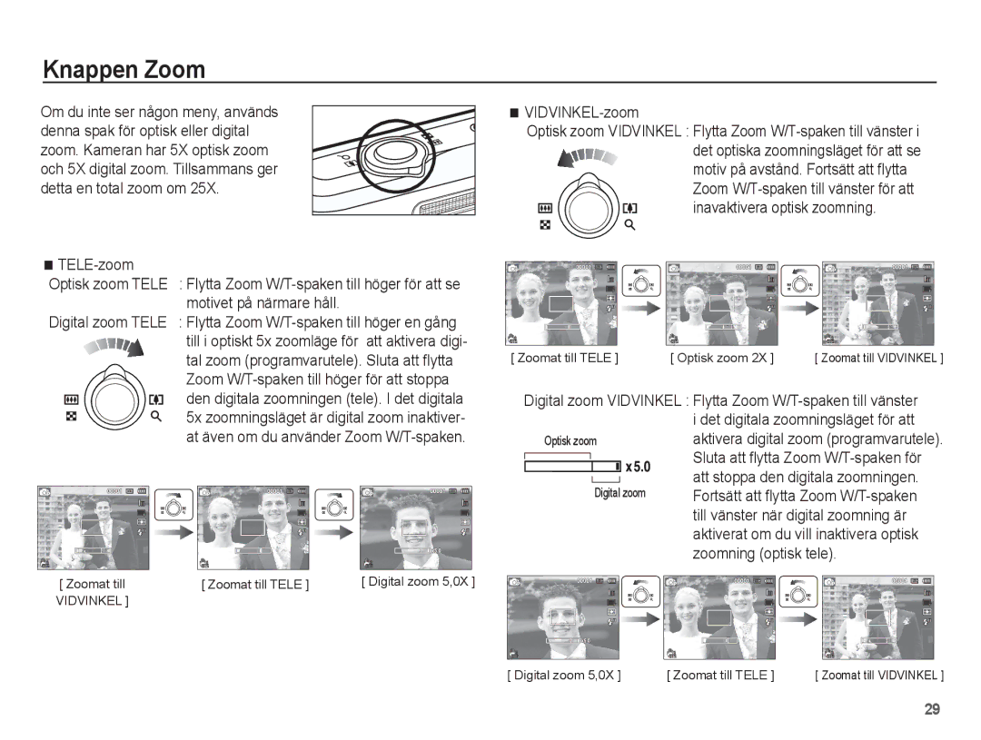 Samsung EC-PL80ZZBPBE2, EC-PL80ZZBPLE2 manual Knappen Zoom, TELE-zoom, Motivet på närmare håll, VIDVINKEL-zoom 