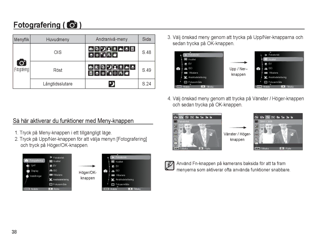 Samsung EC-PL80ZZBPLE2, EC-PL80ZZBPBE2 manual Så här aktiverar du funktioner med Meny-knappen, Menyflik, Andranivå-meny 