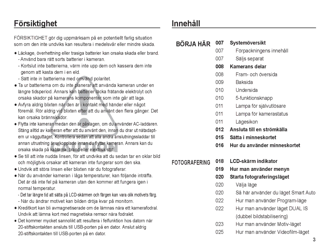 Samsung EC-PL80ZZBPBE2, EC-PL80ZZBPLE2 manual Försiktighet Innehåll, 007 Förpackningens innehåll 007 Säljs separat 