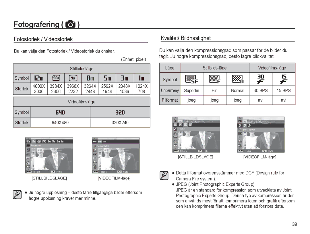 Samsung EC-PL80ZZBPBE2, EC-PL80ZZBPLE2 manual Fotostorlek / Videostorlek, Kvalitet/ Bildhastighet 