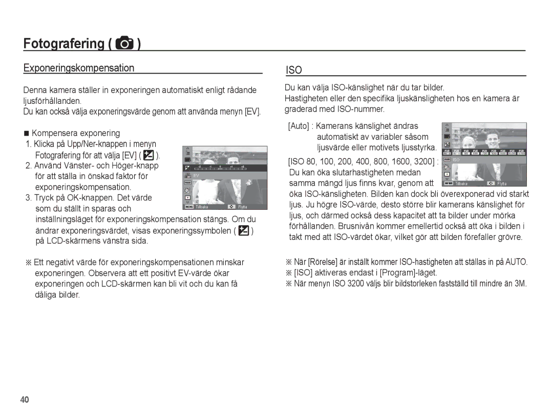 Samsung EC-PL80ZZBPLE2, EC-PL80ZZBPBE2 Exponeringskompensation, Kompensera exponering Klicka på Upp/Ner-knappen i menyn 