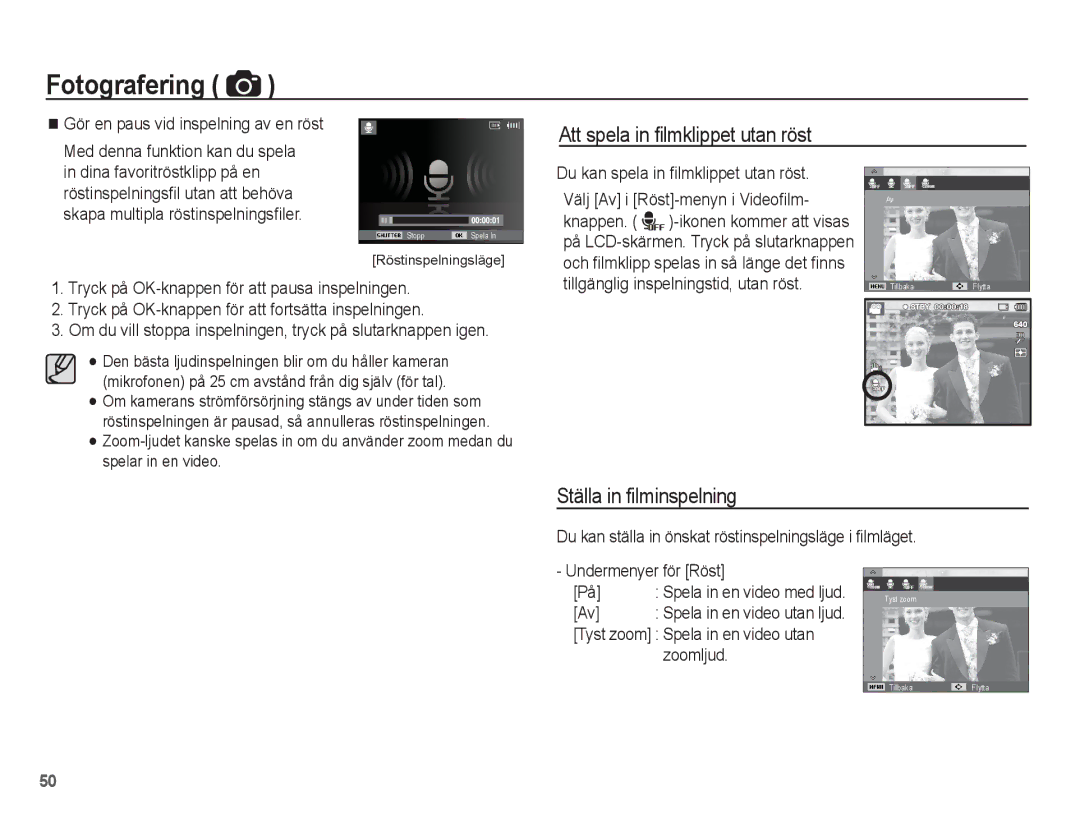 Samsung EC-PL80ZZBPLE2, EC-PL80ZZBPBE2 manual Att spela in ﬁlmklippet utan röst, Ställa in filminspelning 