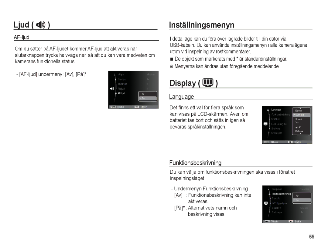 Samsung EC-PL80ZZBPBE2, EC-PL80ZZBPLE2 manual Inställningsmenyn, Display, Language, Funktionsbeskrivning 