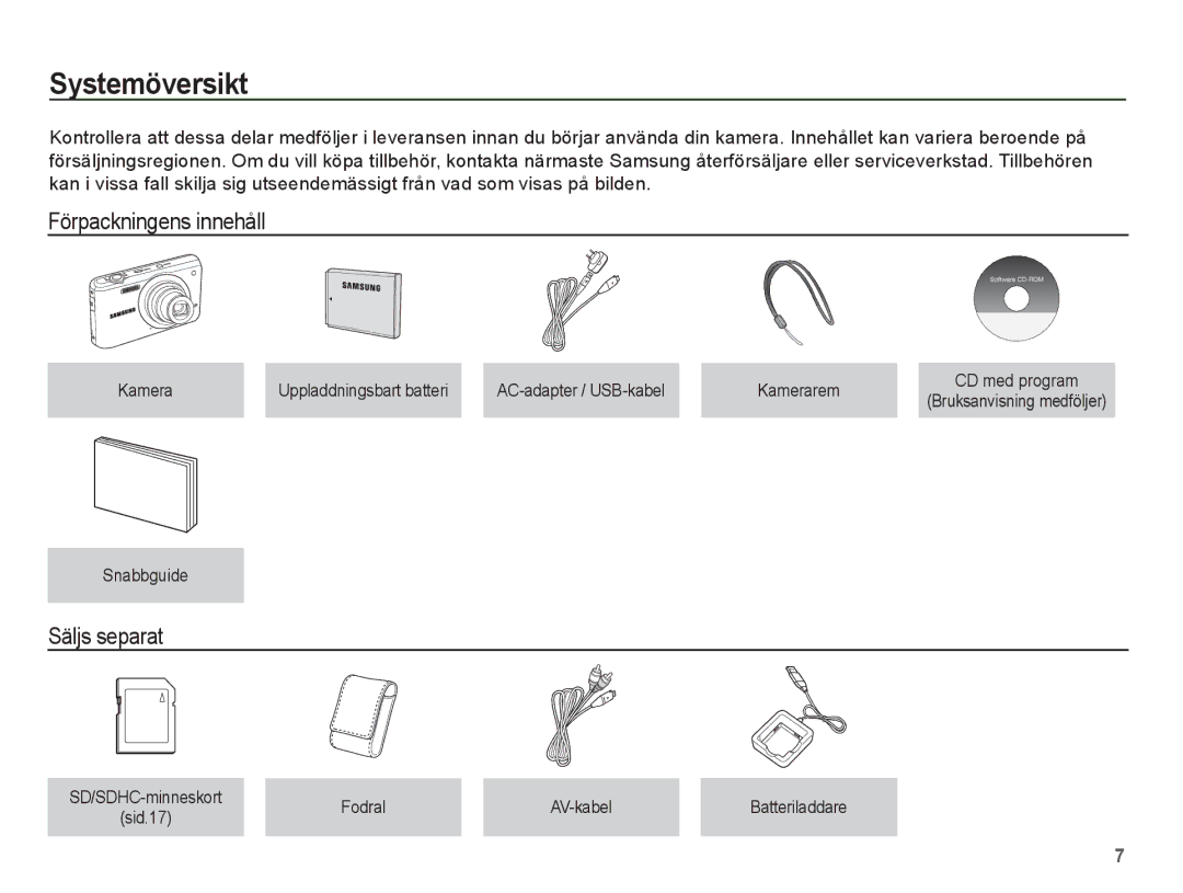 Samsung EC-PL80ZZBPBE2, EC-PL80ZZBPLE2 Systemöversikt, Förpackningens innehåll, Säljs separat, Snabbguide, Fodral AV-kabel 