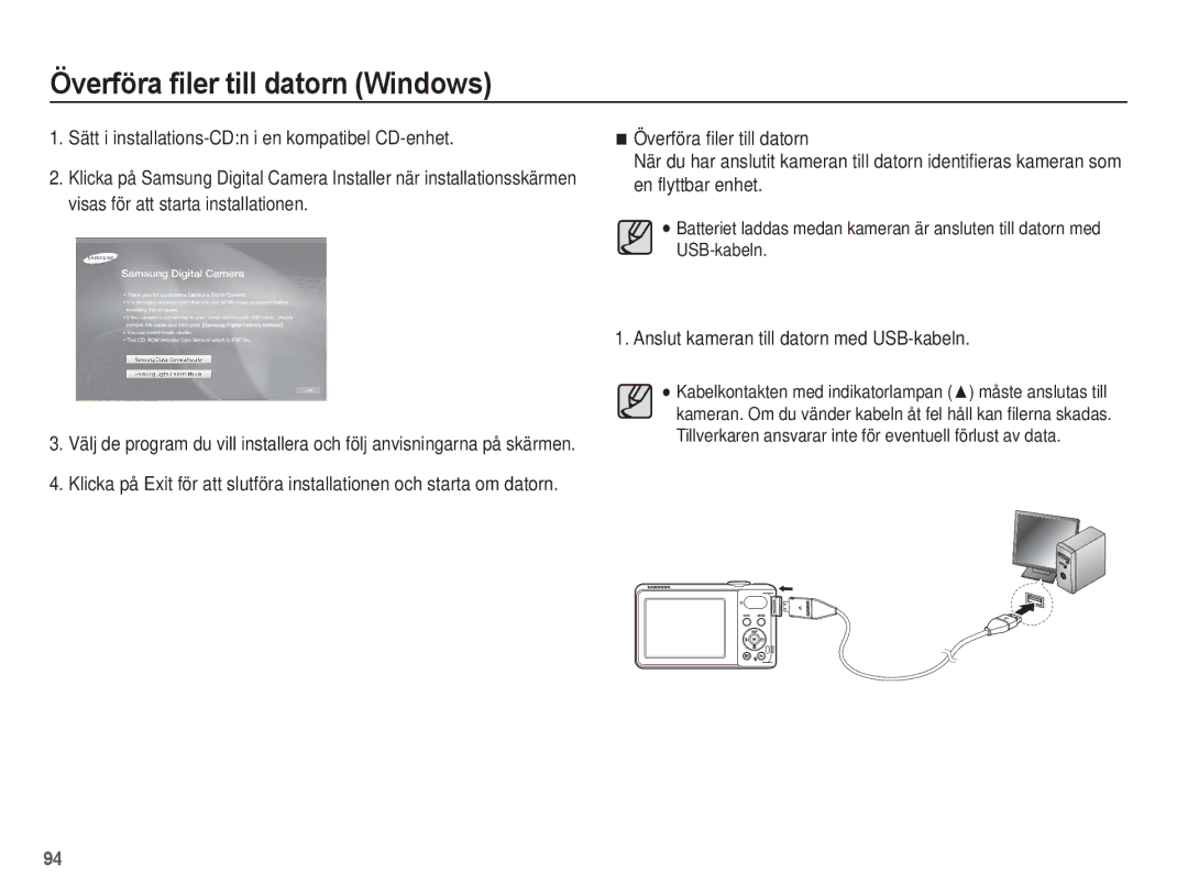 Samsung EC-PL80ZZBPLE2, EC-PL80ZZBPBE2 manual Anslut kameran till datorn med USB-kabeln 