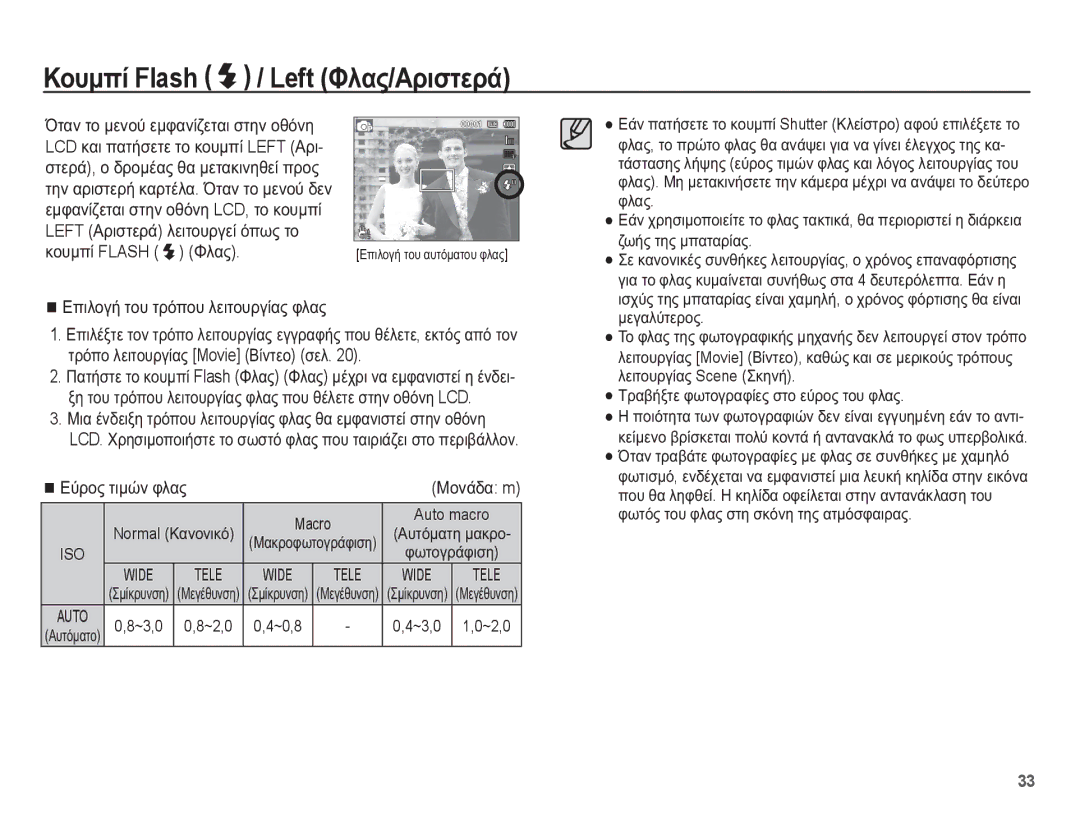 Samsung EC-PL80ZZBPLE3 manual ȀȠȣȝʌȓ Flash / Left ĭȜĮȢ/ǹȡȚıĲİȡȐ, ȚȠȣȝʌȓ Flash ĭȜĮȢ, ǼʌȚȜȠȖȒ ĲȠȣ ĲȡȩʌȠȣ ȜİȚĲȠȣȡȖȓĮȢ ĳȜĮȢ 