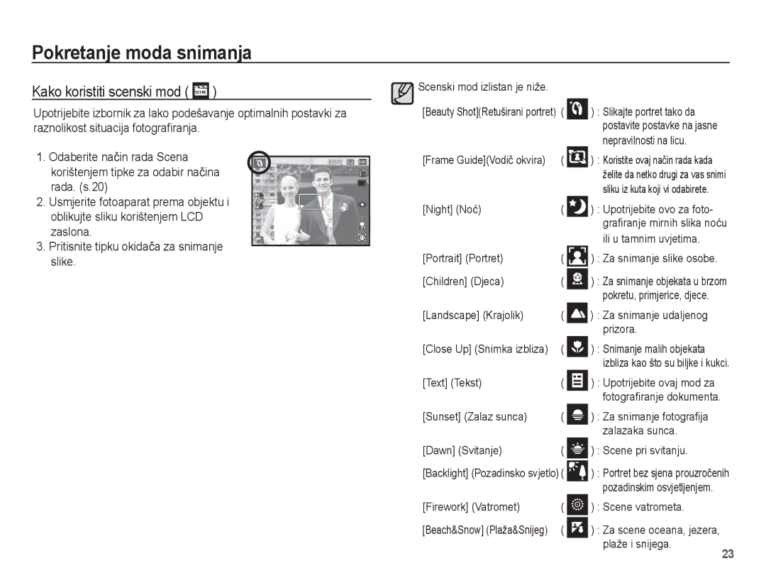 Samsung EC-PL80ZZBPBE3, EC-PL80ZZBPSE3, EC-PL80ZZBPLE3 manual Kako koristiti scenski mod 