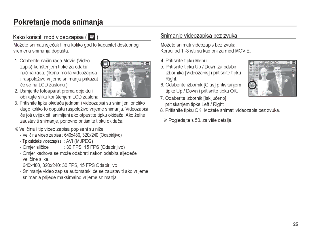 Samsung EC-PL80ZZBPLE3, EC-PL80ZZBPBE3, EC-PL80ZZBPSE3 manual Kako koristiti mod videozapisa, Snimanje videozapisa bez zvuka 