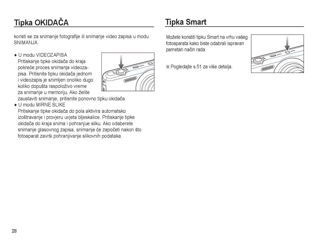 Samsung EC-PL80ZZBPLE3, EC-PL80ZZBPBE3 manual Tipka OKIDAýA, Tipka Smart, Modu Videozapisa, Pogledajte s.51 za više detalja 